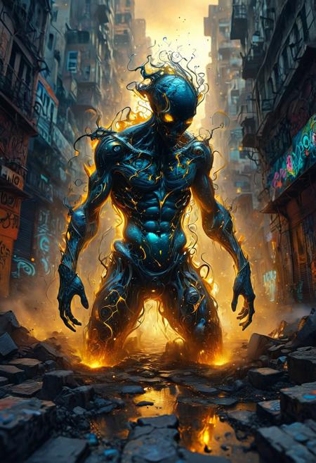 A meticulously rendered graffitipunk digital watercolor portrays a grotesque figure, with a contorted and deformed body, and patches of its skin peeling off to expose a black, pulsating abyss underneath. Its eyes are luminous pits of molten gold, casting shifting shadows that appear to move independently. With each stride, it takes, the ground distorts, forming rifts into a different dimension, teeming with indescribable nightmares. The cityscape behind is barely perceptible through the cosmic haze, where the graffiti intermittently emerges and disappears, as if desperately clinging to this reality. The figure's presence is oppressive.