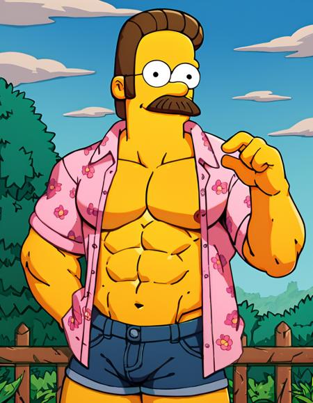 n3df, mustache, short hair, brown hair, the simpsons, yellow skin, 4 fingers, dot pupils, black eyes, round eyes, round eyewear, sweater, collared shirt, pants, shoes