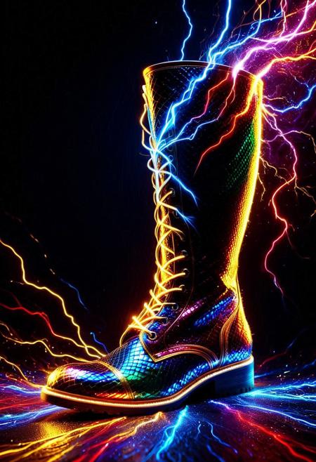 Masterpiece, best quality, 
(boot:1.1), scaleboundsdxl, iridescent,
made of golden and blue and red and yellow and purple lightning thunder trails , lthndrtrl, 
(simple background:1.2), (black background:1.2), 
best quality, depth of field, chiaroscuro, cinematic, colorful, realistic, dynamic pose, dynamic angle, masterpiece, intricate details, ultra detailed, 8k, highly detailed, very aesthetic, professional 4k, Canon 5d mark 4, moody lighting, natural light, soft light