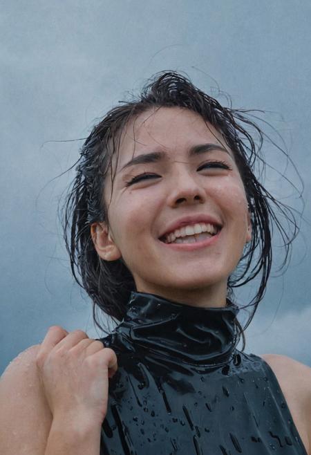 A female, evil smile, rain, smug, wet hair, portrait, looking at viewer, open mouth, hand in own hair, smirk, anime coloring, cloudy sky, cloud, half-closed eyes, parody,   sleeveless, close-up, unusually open eyes, hair ornament, hand on own head, outdoors,black flower, sleeveless turtleneck, ribbed shirt, DVD Screenshot, analog film grain, Fujifilm, UHD, DSLR