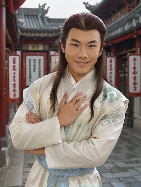 male focus, short shot, 35mm, ((very long straight hair, soft skin)), (standing, tight hanfu clothes made of silk, huge bulge), (big muscles asian male, gentle smile, hand resting on pectoral, outside, close to a chinese temple complex), (huge ass), (( sexy, detailed faces, detailed hands, lowered arms)), volumetric lighting, 8K, best quality <lora:tangbohu:0.8>