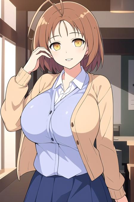 (masterpiece, best quality), highly detailed background, perfect lightingbest quality, chitoseSK, solo, indoors, brown hair, antenna hair, short hair, yellow eyes, large breasts, yellow cardigan, open cardigan, <lora:GoodHands-vanilla:1>, blue skirt, smile, closed mouth, parted lips, <lora:Chitose_Senran-Kagura:0.7>