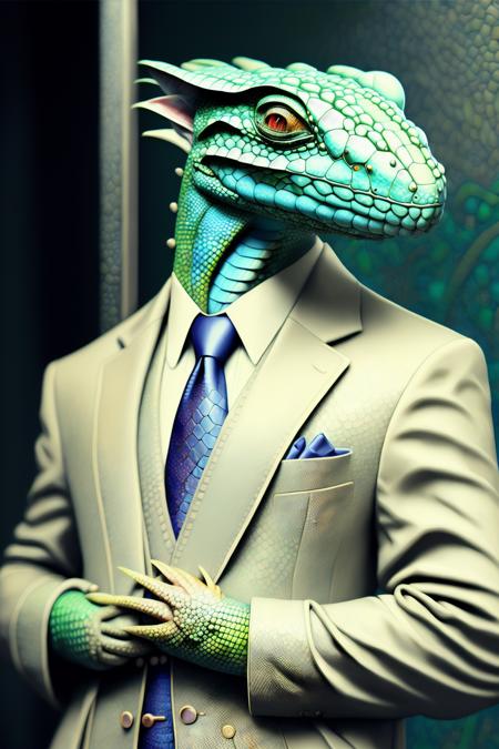 fantchar, a lizard like lawyer in a business suit waiting in line outside a popular noodle restaurant, scales, casual, crowded, realistic, intricate, highly detailed