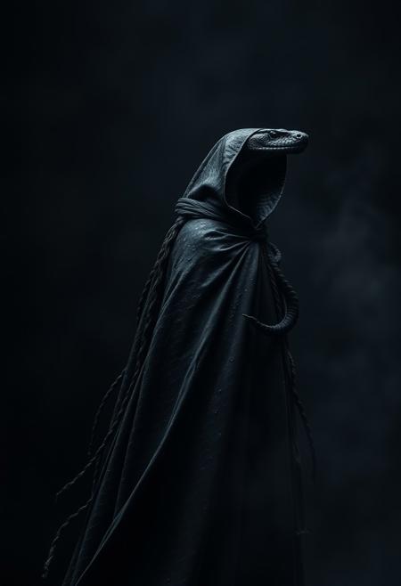 black snake wearing a grunge and dirt cape, Dark Style, gothic Style, long cape, wind, dark background, mist, photography studio style, hyper realistic, ultra detailed