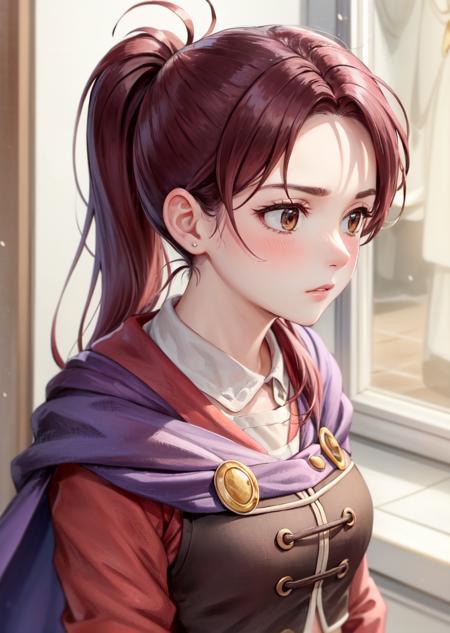 masterpiece, best quality, jenna, ponytail, purple cape, vest, (red shirt), upper body, portrait, furrowed brow, blushing, avoiding eye contact, looking to the side <lora:jenna-nvwls-v1-000012:0.9>