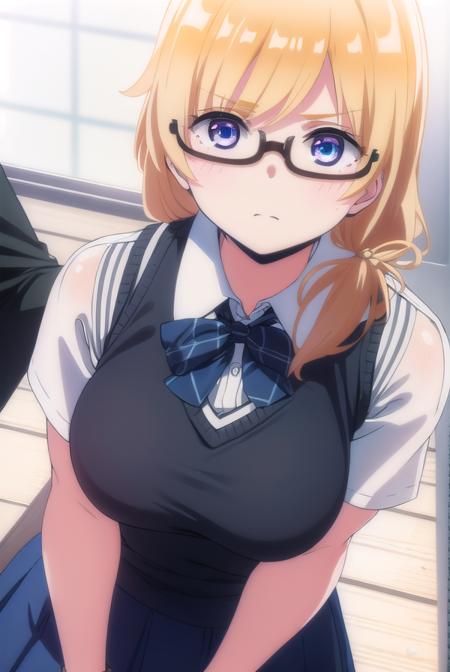 emilythomas, <lora:emily thomas anime s1-lora-nochekaiser:1>,
emily thomas, long hair, blue eyes, blonde hair, glasses, semi-rimless eyewear, black-framed eyewear, under-rim eyewear,
BREAK shirt, bow, school uniform, white shirt, short sleeves, bowtie, sweater vest,
BREAK indoors, classroom,
BREAK looking at viewer,
BREAK <lyco:GoodHands-beta2:1>, (masterpiece:1.2), best quality, high resolution, unity 8k wallpaper, (illustration:0.8), (beautiful detailed eyes:1.6), extremely detailed face, perfect lighting, extremely detailed CG, (perfect hands, perfect anatomy),