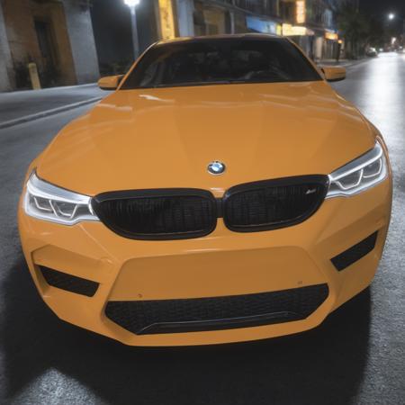 photo of a yellow bmw m5 on a dark city street at night with neon lights in the background, 8k uhd, hdr, high quality, cinematic lighting, 4k, 8k, (ultra-realistic:1.1), high-resolution, shot on Canon 5D, DSLR, 50mm, bokeh <lora:bmw_m5:1>