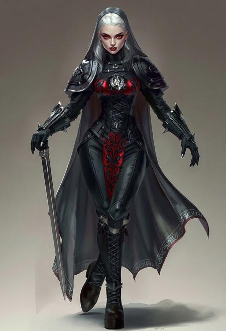 🔥 CORE CONCEPT
A Battle Sister reimagined through your lens:
Nun rubberized robes, but still unmistakably part of the Adepta Sororitas, no armor.
Mix of Warhammer 40K iconography and latex-goth couture full dominatrix territory, catsuit.
More ceremonial, mystic-warrior, inquisitorial vibe.
🎨 VISUAL ELEMENTS
💇‍♀️ Hair & Face
Platinum white hair, shoulder-length, slightly tousled or sharply cut?
Strong cheekbones, high-intensity eyes—possibly glowing faint crimson?
Expression: twisted smirk?
🧥 Outfit Style
Rubberized ecclesiastical robes—long, flowing, with form-fitting panels.
Inquisitorial rubberized intricate corset with black-red latex detailing, scrollwork, purity seals embossed in the material.
👢 Boots
Heeled armored latex platform boots, with silver-laced piping, spikes