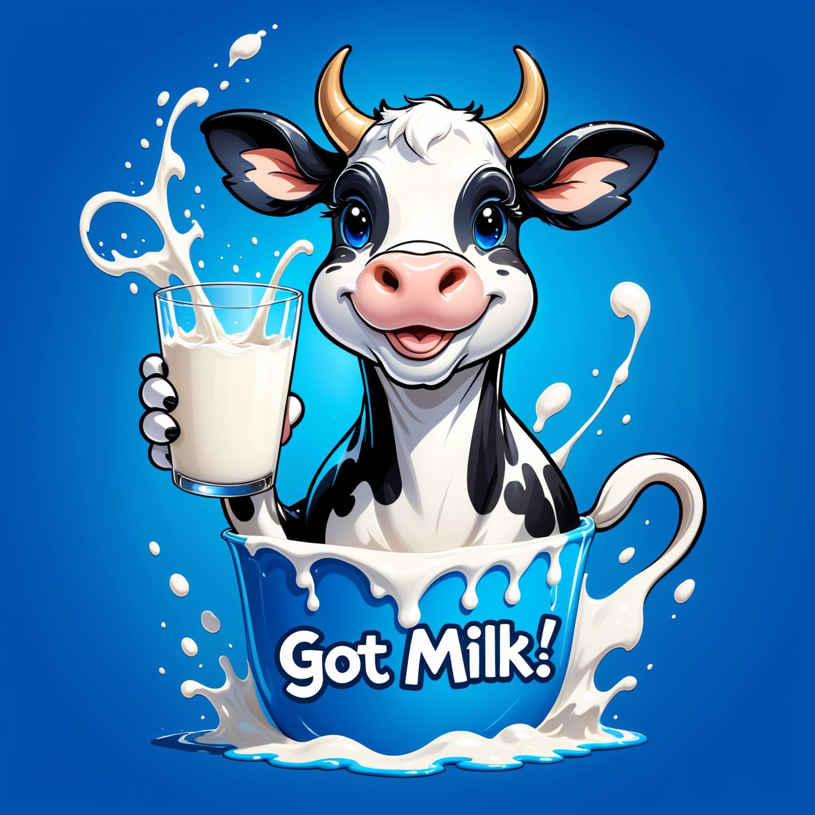 A cartoon cow with the words "got milk?" holding a glass of milk.