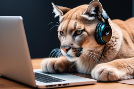 a highly detailed digital drawing of A puma With headphones working on a laptop in a startup, long fuzzy fur, cute, intricate detail, cinematic, 4k, masterpiece
