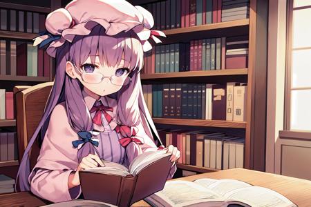 1girl,patchouli knowledge, reading book,book, bookshelf, indoors,sitting on chair,desk,upper body,glasses,hat
 <lyco:MushroomStyle_v1:1>