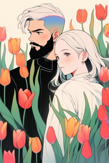 illustrator, anime , ghibli ,realistic ,(1girl ,1boy ),portrait,lip, capris,Tulips, Psychedelic gradient background, Colorless hair,Shaved head with a beard hair, Holistic, (masterpiece,best quality,niji style), (masterpiece,best quality)