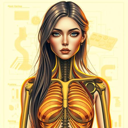 masterpiece, best quality, female standing, front view, 30 years old, beautiful, long hair, erotic, slender fit-muscled body, thin waist, long legs, tall height, very detailed face, perfect eyes, blue eyes, perfect lips, detailed nipples, detailed areolas, front towards viewer, direct gaze, the future, visible bone structure, schematic drawing, hybrid, android features, cyborg features, biomechanical, warm glow of vacuum tubes, transparent, cutaway view, golden light, schematic diagrams,