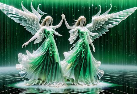 XUER martial arts style, codeandigital, c0dean0igital, cyberw0rlds, Surrealist art iridescent fog, high resolution,  glass sculpture of an angel, made of water, made of green code, matrix code, <lora:WaterMod:1> made of water, made of code, transparent, translucent, <lora:DonMSp3ctr4lXL:0.8> DonMSp3ctr4lXL <lora:sdxl_glass:1> translucent, transparent . Dreamlike, mysterious, provocative, symbolic, intricate, detailed, made of green code, matrix style code, detailed landscape background,