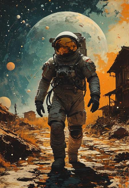 photo of astronaut walking in a old village in the background (in the style of Frank Frazetta painting) Dean Cornwell, design, 1970s, Russian Constructivist style, double exposure, volumetric lighting, expressive, ancient starchart, ink spattered background, warm colors, space, art deco, splatter, Japanese Woodblock print, planar rectilinear shapes, extreme energy, dynamic posing, Dutch angle, black, Crimson<lora:xl_more_art-full_v1:0.3>