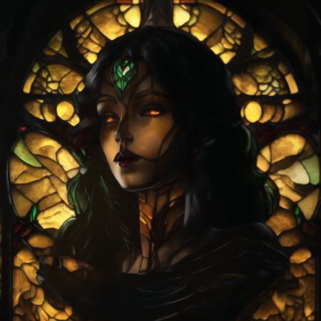 (dark, dimly lit, low key, shurima, stained glass:1.2),  dramatic light,  <lora:shurima-1:1>, a close up of a sculpture of a portrait of a beautiful woman in a pitch dark room