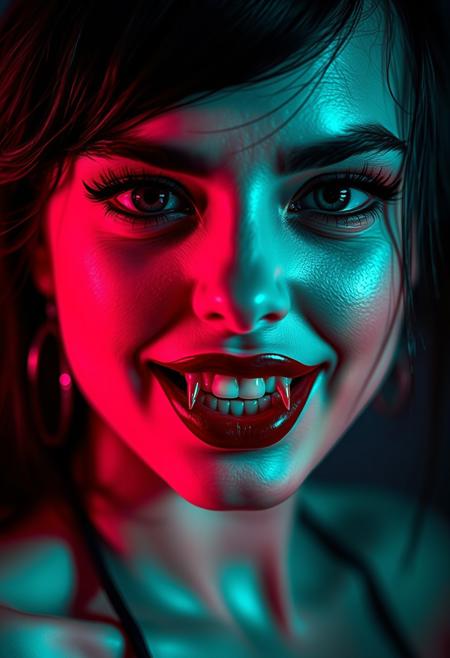 a portrait photo of an ethereal beauty, a cyberpunk girl bathing in neon light, her eyes are black as obsidian and a cruel smile plays on her lips, slightly exposing her pointy fangs,  as she is searching for her victim,