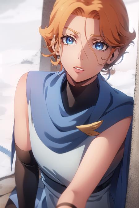 sypha, short hair, blue eyes, orange hair, cape, blue cape,