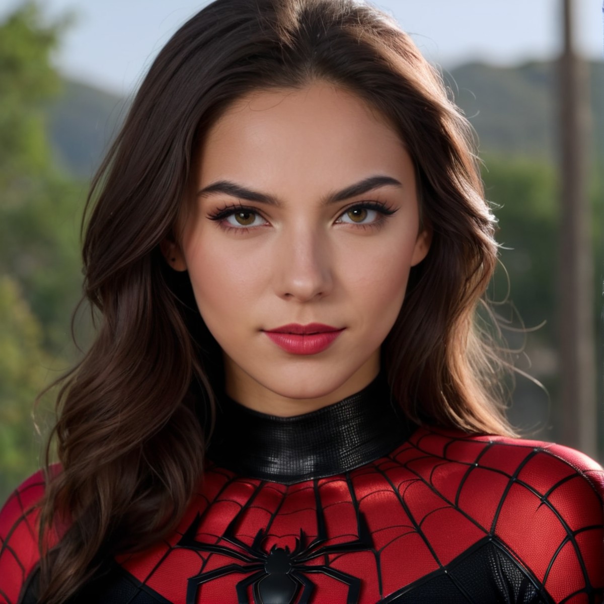 A photograph of spider woman, no mask, 20 yo, detailed face, looking at camera, wide shot, 8k uhd, high quality