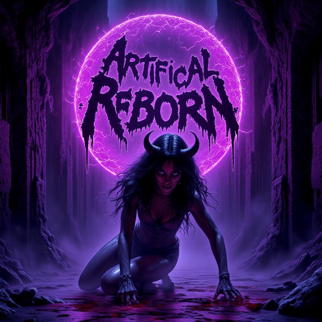 The text in oversized glowing font reads: "Artificial Reborn".,
A devil crawls through a hellscape,a glowing and crackling ring of power emanates around her form as she drags herself through an obsidian gate emanating a sickly neon purple and black. Her arms are clawing towards the viewer and her body is desperate for release,blood digging from beneath her fingernails. A dramatic masterpiece of a scene,realistically rendered with a haunting sensibility evoking visions of wonder,magic,and possibility with a sense of impending doom,as if a gorgeous creature is nearing an impending snare with a dark fantasy sensibility.,
<lora:ImageUpgraderV2:1>,<lora:sxz-Dark-Fantasy-v2-Flux:0.6>,<lora:Lovecraftian_Nightmare_Landscapes:0.6>,<lora:Cinematic_style:1>,