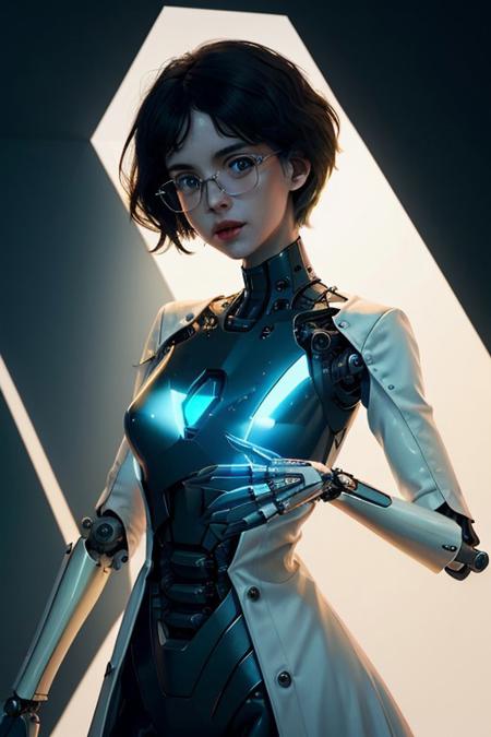 A black frame, in the center a keyhole through which the room is visible (a quantum luminous supercomputer with a mechanical manipulator in the form of a robotic arm, this hand is shaken by a joyful girl in a short white coat and glasses and short dark hair in the style of a square)....
.. 
.  
 The background is minimalist, a gradient of shadowy blue tones, amplifying the ethereal and futuristic ambiance of the scene. . A palpable sense of pure, overwhelming ecstasy and otherworldly emotion is expressed through a psychedelic, repeating, anaglyph chromashift glitch effect.  The entire composition reverberates with a feeling of digital decay and rebirth, as if trapped inside an ancient portal observed through a game camera lens..
.,
.. 
 (Depth of field), .
 An otherworldly atmosphere.
(Depth of field), low saturation, detail. mythical, stylish, charismatic. ,
, masterpiece, ,Image quality, , CPA,
UNI_SCI_FI_CORE.
with yellow rays of sunlight piercing through the misty atmosphere. masterpiece. An otherworldly atmosphere, Mysticism. mythp0rt, UNI_SCI_FI_CORE.
(Depth of field),detail.  Stylish, charismatic.
Otherworldly atmosphere. aidmamj6.1
detail. mythp0rt, Stylish, charismatic.c.