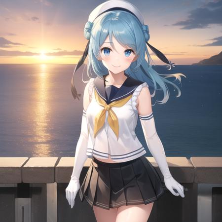 ((masterpiece)),(best quality),official art,extremely detailed CG,unity 8k wallpaper,ultra detailed,A lighthouse on a cliff by the sea,1girl,solo,cowboy shot,blue_hair,elbow_gloves,blue_eyes,school_uniform,serafuku,hair_bun,double_bun,white_headwear,yellow_neckerchief,white_gloves,pleated_skirt,sailor_hat,smile,long_hair,white_socks,<lora:Urakaze(kan)>,