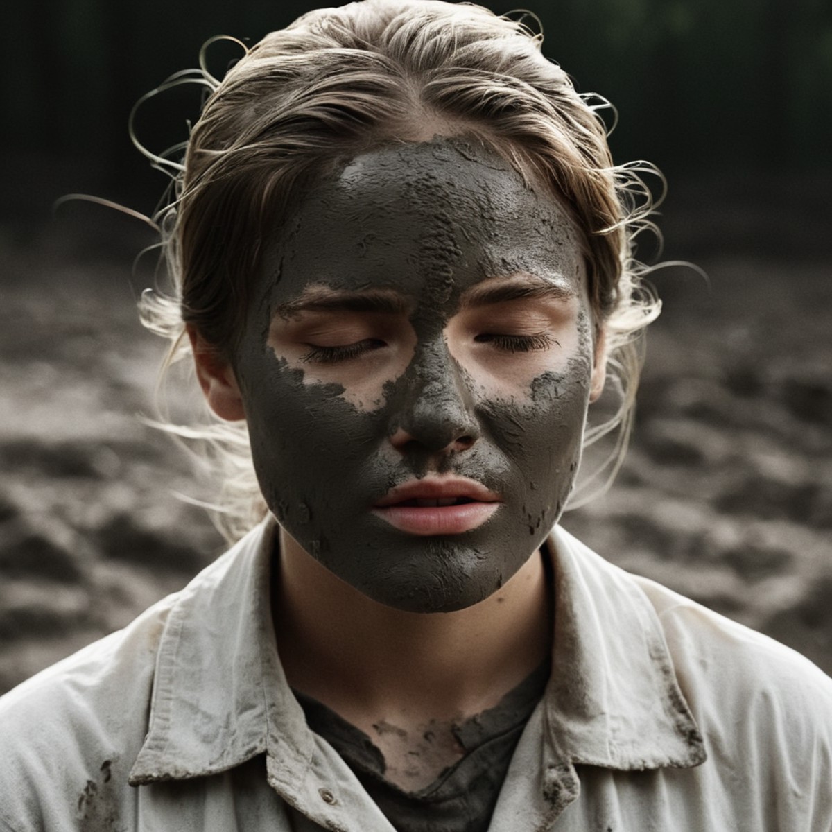 cinematic film still of  <lora:High-key lighting Style:1>
bright light, bright, a woman with mud on her face and a white s...
