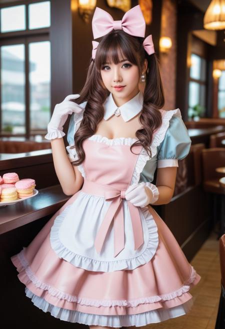 (leather:1.2), beautiful young woman, kawaii, cute, lolitafashion, long hair, wearing pastel leather multilayered waitress dress, leather apron with bows, chest bow, giant waist bow, huge hair bow, leather gloves, lace, leather frills, leather bows, ruffles,
symmetric face, perfect face, glossy lips, cute makeup, holding serving tray with sweets,
idol cafe, cosplay cafe, tables and chairs, intricate cafe background,
(glossy leather clothing, glittering leather fabric),
sharp focus, photograph, raw photo, hd, 8k, masterpiece, best quality, 90-60-90