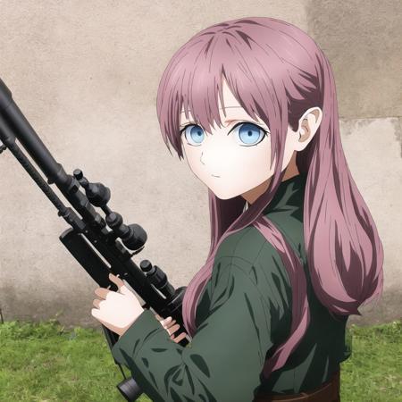 <lora:akebi:1>, akebi, blue eyes, cosplay, gnome-no, looking back, pink hair, quiet \(metal gear\) \(cosplay\), rifle, sniper rifle