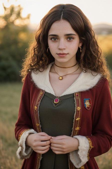 (1girl:1.1), photorealistic, short voluminous fluffy brown curly hair, Gryffindor costume, brown eyes, (cosplay:1.3), no visible hands, (25 years old, young:1.2), earring, (Hermione:1.5), jewelry, with subtle freckles, subtle skin blemishes, visible skin pores, natural skin texture, (inviting expression:1.3), choker, cream eyeliner, Hogwarts, (golden hour:1.1), (warm glow:1.2), warm colors, RAW Photograph, leica full frame camera, soft lighting, high quality, insane details, masterpiece, 8k, (80mm f/1.2 photograph:1.5), highly detailed
