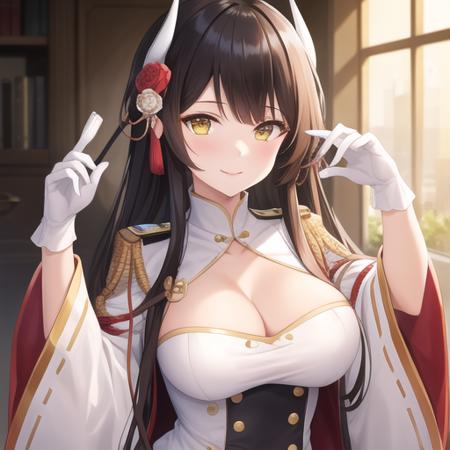 (masterpiece, best quality:1.2),absurdres,highres,1girl,solo,upper body,(portrait:1.2),hiei (azur lane),dress,black hair,long hair,hair ornament,horns,white gloves,large breasts,looking at viewer,smile,hair flower,yellow eyes,bangs,long sleeves,pleated skirt,white footwear,white skirt,tassel,wide sleeves,cleavage cutout,aiguillette,military uniform,sidelocks,high heel boots,<lora:Hiei(azur)>,