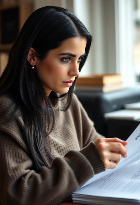 Professionnal quality photography, cowboy shot, side view, gorgeous French woman in her thirties, long silky black hair, light green eyes, no makeup, no earrings, oversized sweater, slightly tanned, sitting at a desk, rummaging through annoying paperworks