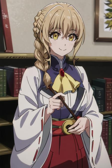 best quality, masterpiece, highres, solo, {white kimono:1.35}, {red hakama:1.35}, {wide sleeves:1.20}, {guild_girl_goblinslayer:1.15}, blonde_hair, braid, yellow_eyes, long_hair, ascot, hair_between_eyes, smile, anime_coloring