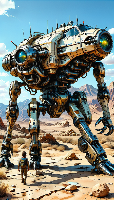 (robot, mecha, science fiction, desert, cloud, sky, mountain, day, military, realistic, damaged, 1boy, claws, Walking vehicle),
night. glow neon, neon, hyperrealism, glossy, shinny, clear image, accurate picture, clear picture, precise image, focused image, Science fiction style, Science fiction,
(ultra sharp focus:2), (detailed windows:2), (thin lines:2), (reflections:0.5), (best quality:1.8),
<lora:Apparatus_-_Traction_City_Walkers_Vehicles:0.8>