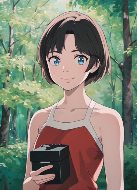 (best quality, masterpiece:1.1), 1girl, portrait, beautiful 18 years old girl (holding little black box:1.2), short hair, blue eyes, beautiful detailed eyes, wearing short red dress, dress white straps, bare shoulders, smile, sunny, natural light, sparkles, green forest, highly detailed, smooth, sharp focus, (colorful:1.2), by studio ghibli, <lora:alisaselezneva:0.8>, <lora:studioGhibliStyle_offset:0.7>