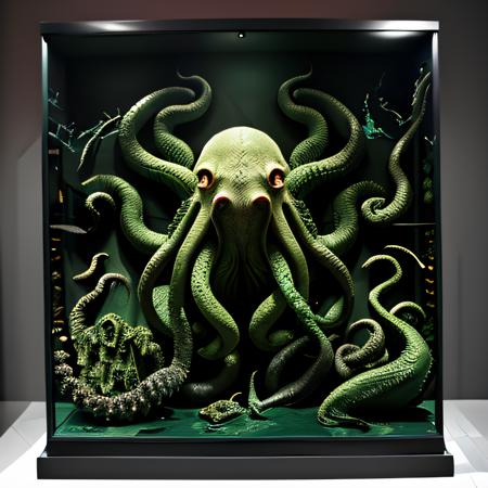 antixdisplay, cthulhu in a glass box display, 8k uhd, 4k intricate complex highly detailed, ray traced