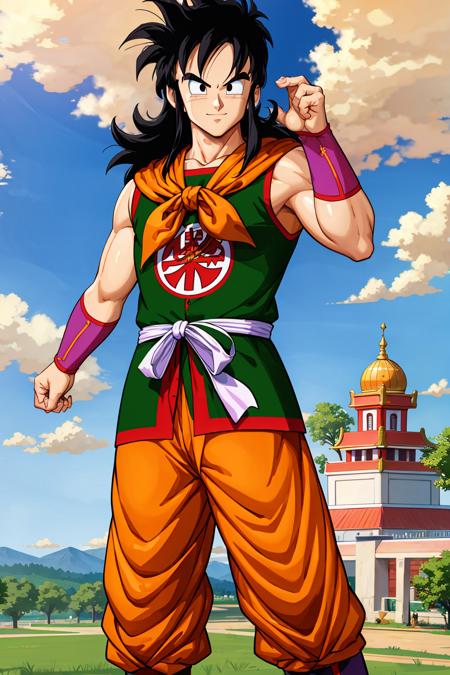 (8k, best quality, masterpiece:1.2),yamcha, male focus, 1boy, black hair, solo, smile, muscular male, spiked hair, black eyes,long hair, bangs, (green tunic), orange pants, (white sash),ribbon, outdoors, (purple armguards), orange neckerchief, looking at viewer, day, tree, blue sky, grass, rock, kanji,sidelocks,sleeveless