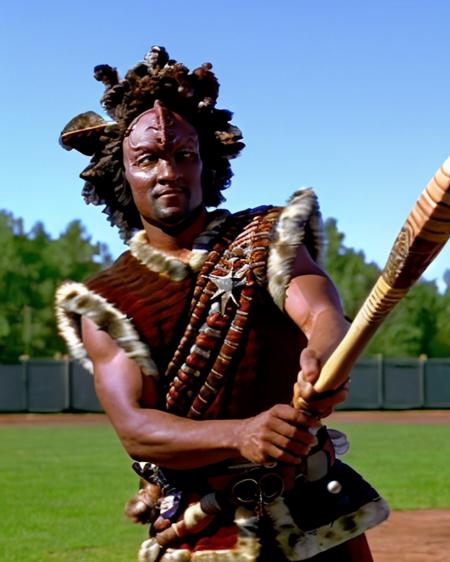 kazon, a male kazon, culluh, reddish brown ochre skin, bumpy ridged forehead, brown wooly hair with leaves, wearing knit fabric jackets with fur trim, wearing sash and belt with decorations, (wide shot:1.2), (holding a baseball bat:1.3), playing baseball, outdoors, baseball field location, photograph, highly detailed, 8k, anthony de longis, <lora:kazon_lora:0.8>