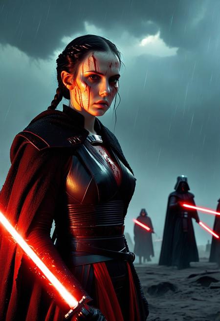 A beautiful Dark Sith lord with braided black hair stands defiantly amidst a raging storm on a desolate battlefield. Her Sith robe are intricately detailed and reflect the flickering light of distant fires, Star Wars style, The light of battle illuminates her determined expression as she prepares to face the dark enemy, holding the Red Lightsaber in his hand, Close up. Star Wars art style, Standing on a battlefield at the head of an army of Dark Siths, where a bloody slaughter is taking place, standing in battle pose, cinematic lightning, intricately detailed black and red Sith robe, The scene is reminiscent of a Greg Rutkowski concept art piece, realistic pale freckled face covered in blood, with dramatic lighting and a dark, curvy, looking at viewer, gritty atmosphere, Ultra-detailed, Raytracing reflections, High contrast, beautiful Dark Sith lord, beautiful firm body, girl athletic figure, (the pale face is very similar to Wednesday: 1.6), oranges, and greens, attractive 21 years old woman, cinematic lightning, Cinematic film still, Medium shot. Best quality, Masterpiece, The scene is reminiscent of a Greg Rutkowski concept art piece, realistic pale freckled face covered in blood, with dramatic lighting and a dark, gritty atmosphere,