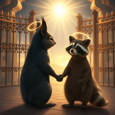 A dark-furred squirrel and a raccoon in glowing, ethereal forms stand side by side at the entrance of a grand, radiant gate symbolizing Heaven. The squirrel and raccoon hold hands, each with a small, soft halo above their heads, their expressions a mix of peaceful acceptance and gentle melancholy as they look back toward the viewer. The scene is illuminated with a soft, golden light, casting an otherworldly glow that enhances the warmth and calm of the moment. The gates behind them are open, revealing a hint of a tranquil, celestial landscape beyond, creating a touching, spiritual farewell.