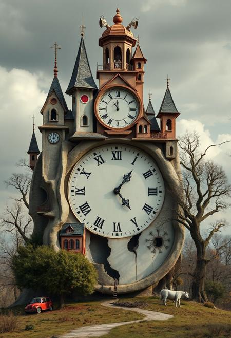 realistic photo ral-frctlgmtryshapes and melting clocks with odd buildings and strange trees