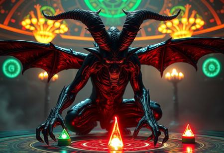 Create a highly detailed, ultra-realistic 4K image of the demon Vecna from Stranger Things on a Black Luster Ritual, inspired by Charles Fremont Conner's style and incorporating elements of sci-fi and Lovecraftian horror. The artwork should feature highly detailed zen prisms, adhere to the golden ratio, and have a striking, vibrant color scheme with a predominantly dimmed atmosphere, high contrast, and soft lighting. The focus should be on Vecna's menacing, evil presence, with 'green man' elements subtly integrated. Ensure the image has micro and lifelike details, utilizes the Unreal Engine 5 or Octane Render for an 8K quality output, and meets the standards of trending artworks on Artstation and CGSociety. No additional legs should be added to Vecna's depiction.