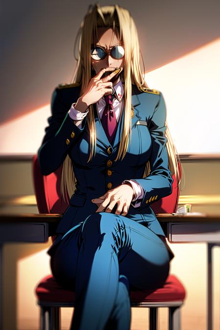 <lora:alucardserasintegra:0.6>, (integraHellsing:1.5), masterpiece, best quality, absurdres, 1girl, looking at viewer, sitting, indoors, chair, desk, serious, military outfit, (dark green suit:1.2), cigar