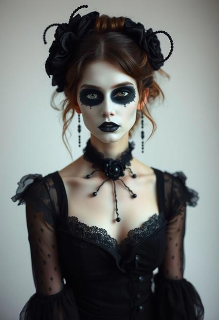 medium shot of a beautiful creature, dead blind eyes, victorian gothic black dress, white background studio