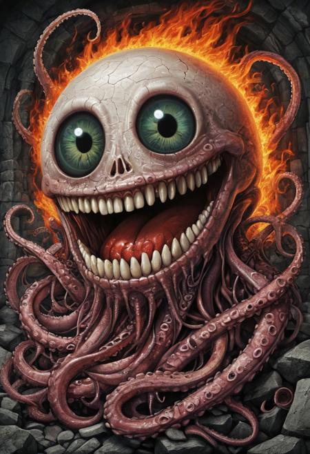 tentacle teeth stone fire eyeball smile suicide machine