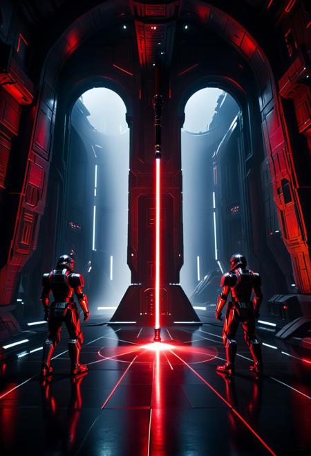 score_9, score_8_up, score_7_up, score_6_up, score_5_up, score_4_up, (absurdres, best quality, masterpiece:1.4), illustration, photorealistic, cinematic lighting, dynamic angle, perfect composition, red and black markings, advanced armor, robotic enhancements, double lightsaber, dark tech, dimly lit fortress, shadows, powerful aura, high-tech environment