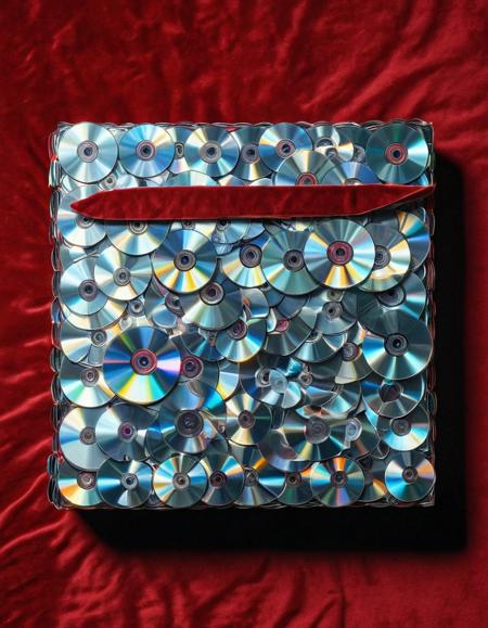 A book made of cd's , lying on a red velvet pillow <lora:CDs_SDXL:1>