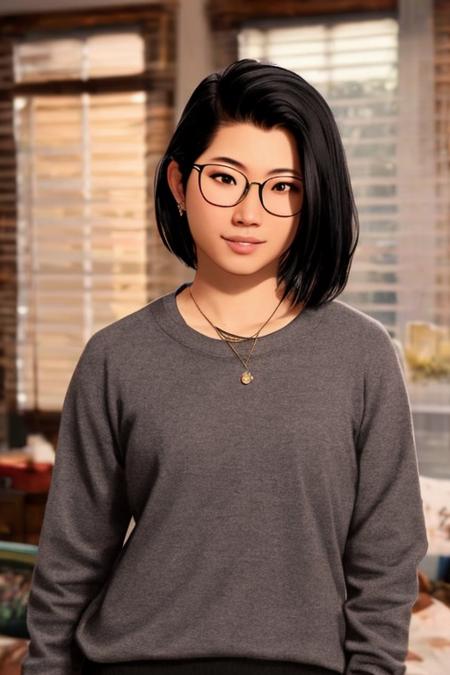 alexchen,1girl, solo, glasses, jewelry, realistic, blurry background, brown eyes, black hair, earrings, blurry, nose, necklace, shirt, lips, short hair, closed mouth, mole, black shirt, piercing, sweater, lay on bed