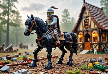 scenery, LEGO hero driving a horse, hat, medieval clothes, (unshaven beard:0.2), fearless, expressive, on the run, BREAK, small and large black horse LEGO, driving very fast, jumping, clouds of dust, particles.
Style: Whimsical, detailed.
    Main Elements: toys (horseman LEGO, horses LEGO, drawbridge LEGO, dragons LEGO, fox LEGO, knights LEGO), imaginative settings.
    Color Palette: Warm, grey and brown colors; silver glazes.
    Lighting: hard and soft lighting to enhance the medieval atmosphere.
    Shapes: Realistic yet imaginative forms of toys.
    Details: Rich in detail, showcasing the textures and forms of various objects.
    Aesthetic: Fun, charming, and playful.
Background: swamp LEGO, dusk, fog, fumes, bog, strange hand comingfrom the ground LEGO, green and black moss accents, shadows.
from behind; side view,
bokeh, chiaroscuro, (perspective:1.5), depth of field, (foreshortening:2), toy style, source_toys, plastic material, reflectivity:0.9, PVC:0.8, (blue motion trails:1.2).