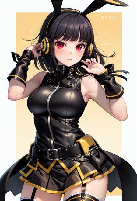 ((masterpiece, best quality)), 1girl, hinazuki lilina, black hair, red eyes, rabbit ears, headphones, black shirt, black skirt, belt, sleeveless, zipper, garter straps, black thighhighs <lyco:hinazukiLilinaBeatmania:0.8>